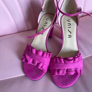 Unisa Pink Ruffle Block Heel Sandals